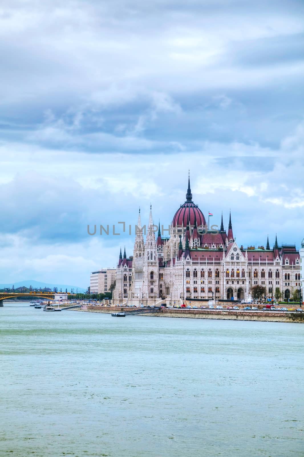 Parliament building in Budapest, Hungary on a cloudy day