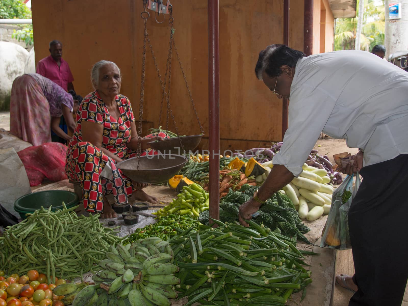 TANGALLE, SOUTHERN PROVINCE, SRI LANKA - DECEMBER 17, 2014: Vegetable vendor in the market on December 17, 2014 in Tangalle, Southern Province, Sri Lanka, Asia.