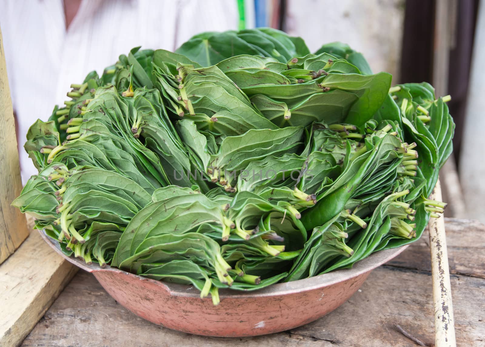 Betel leaves. The chew of betel (dahat-vita) is mostly for consumption after meals, and consists of betel leaves, arecanut, and certain other items like cloves, nutmeg, cardamons, etc. which give a pleasant smell and a pungent taste when chewed. Dickwella, Southern Province, Sri Lanka, Asia.