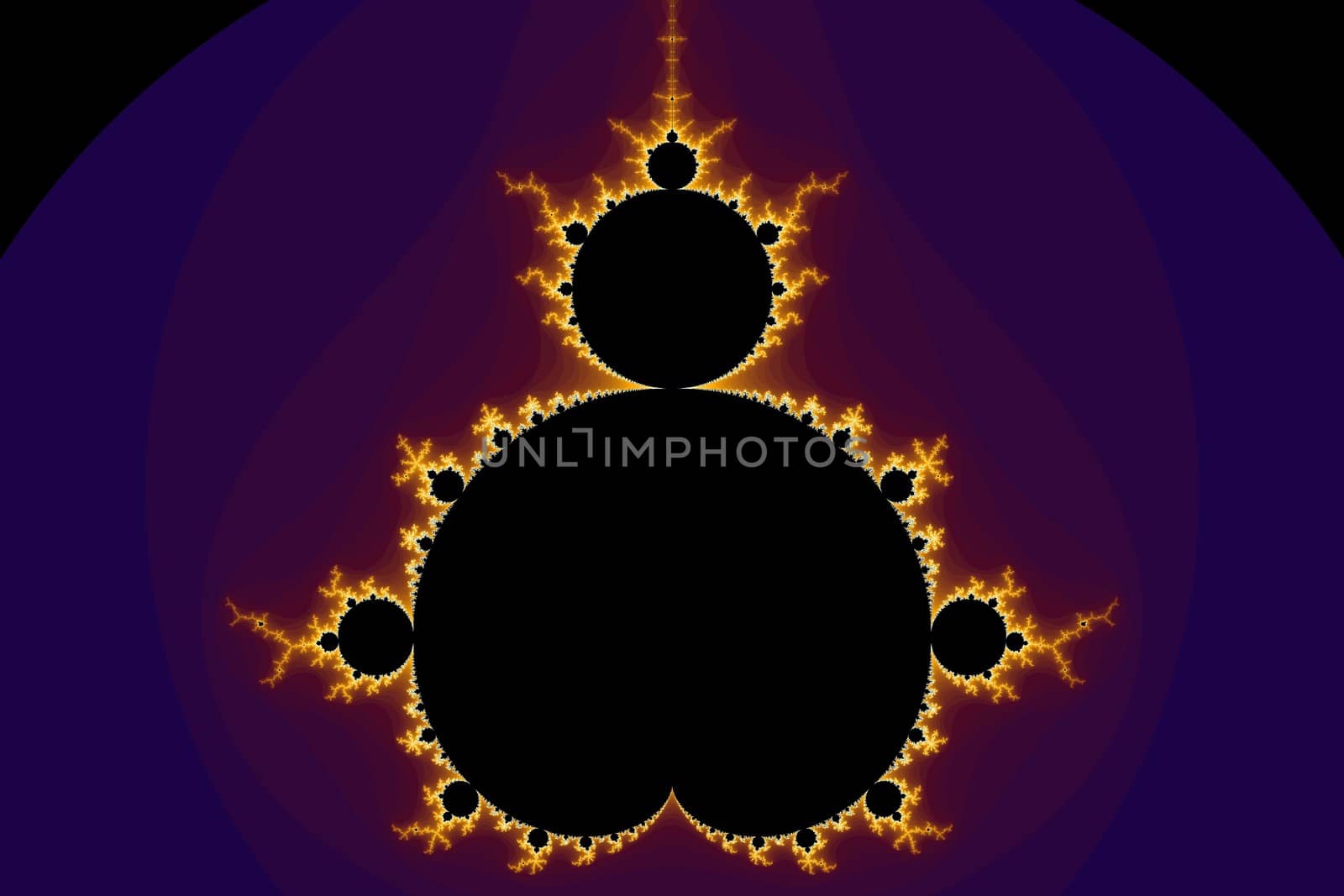 Mandelbrot fractal in the colors of purple golden yellow blue.