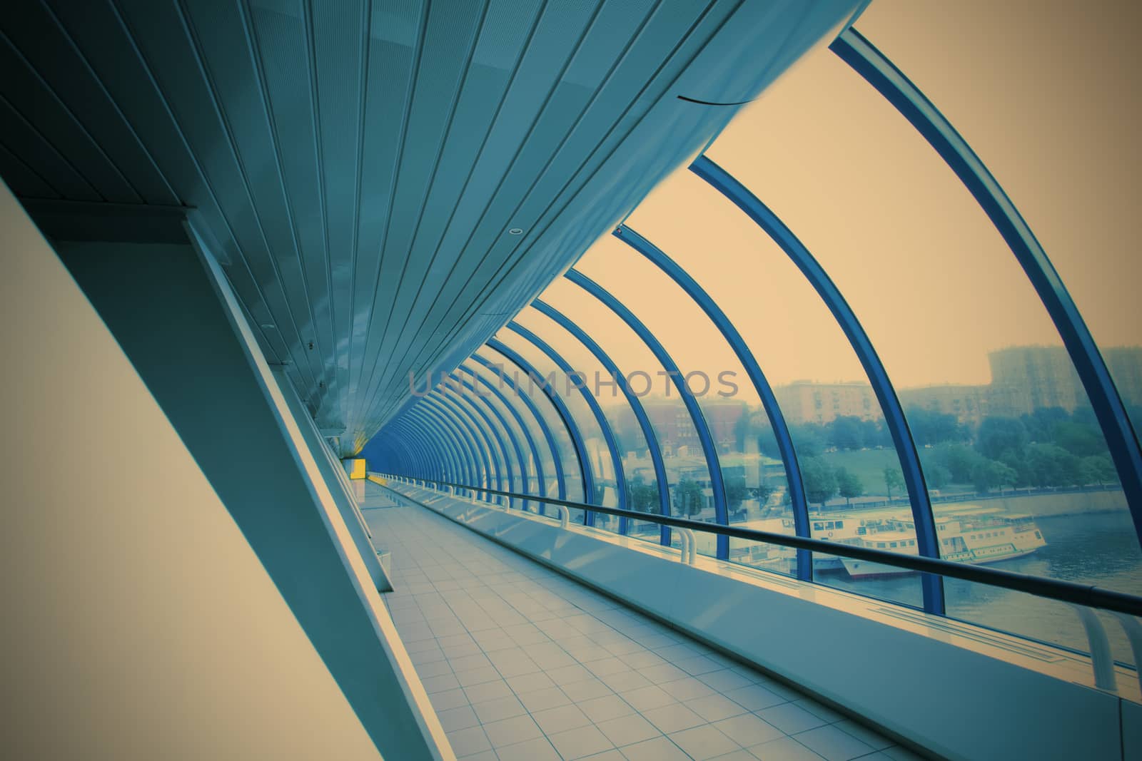 futuristic glass geometric corridor in the office centre, instagram image style