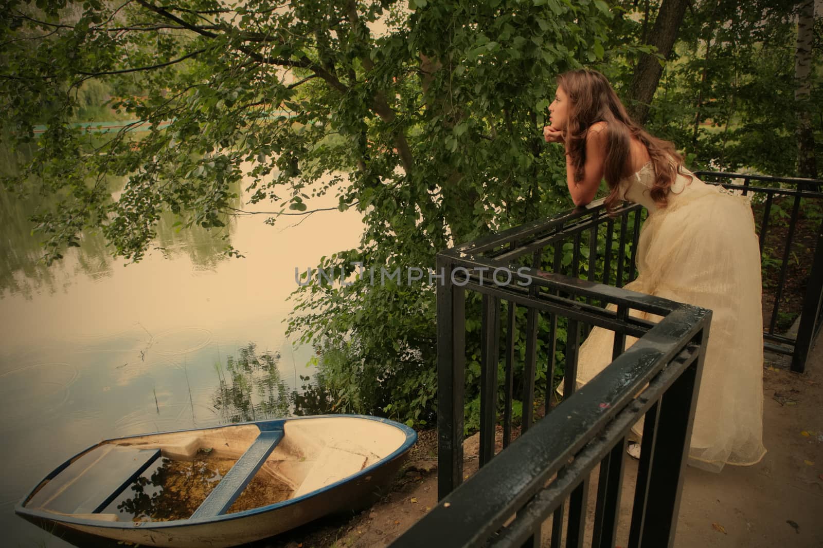 landscape with boat and pensive girl ashore calm lake, instagram image style