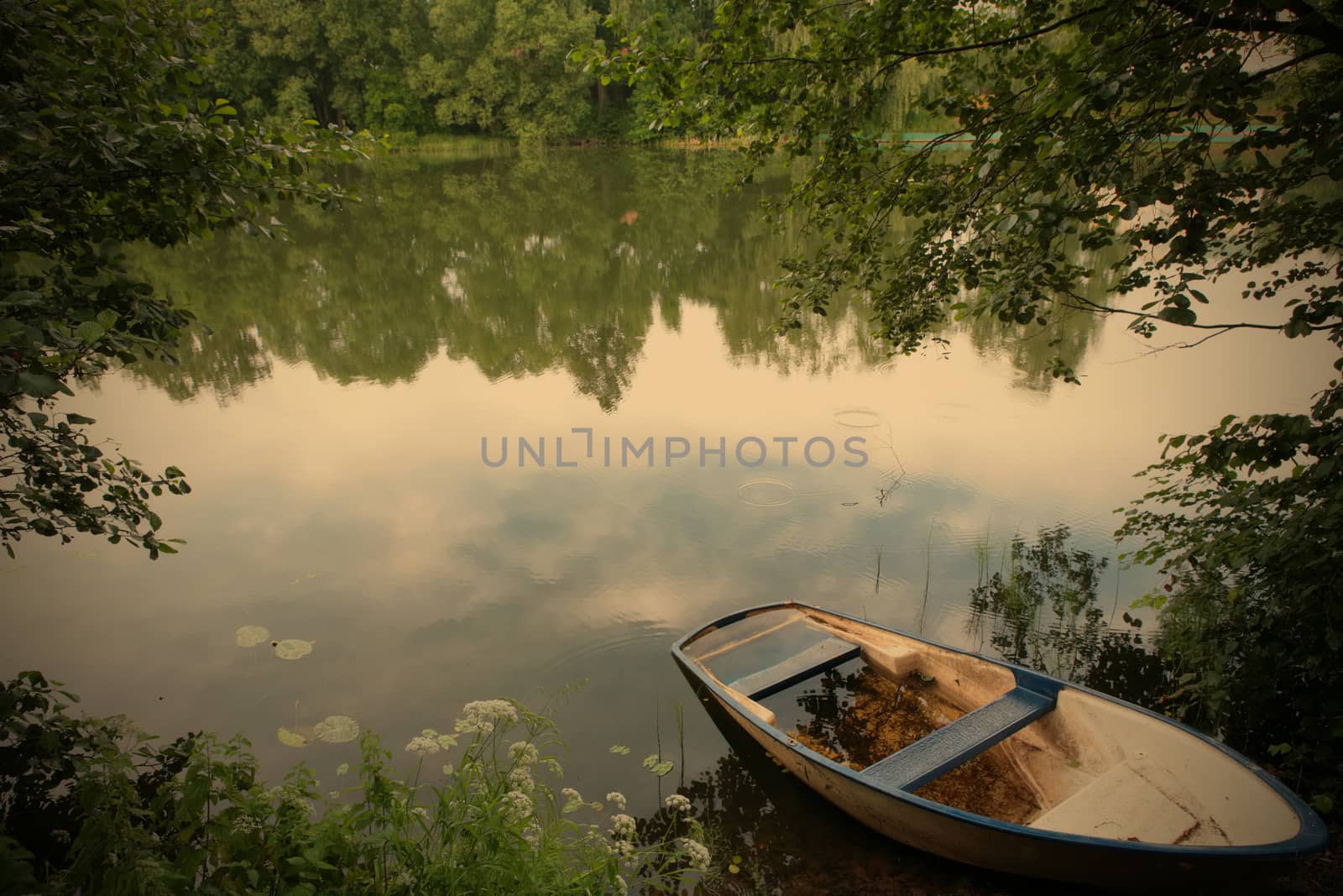 summer evening landscape with old boat on the coast on the calm lake, instagram image style