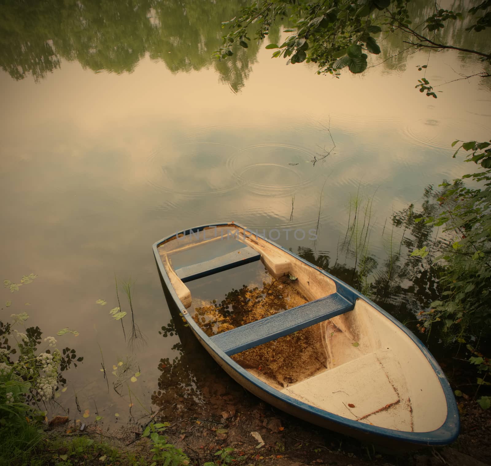 landscape with boat ashore calm lake, instagram image style