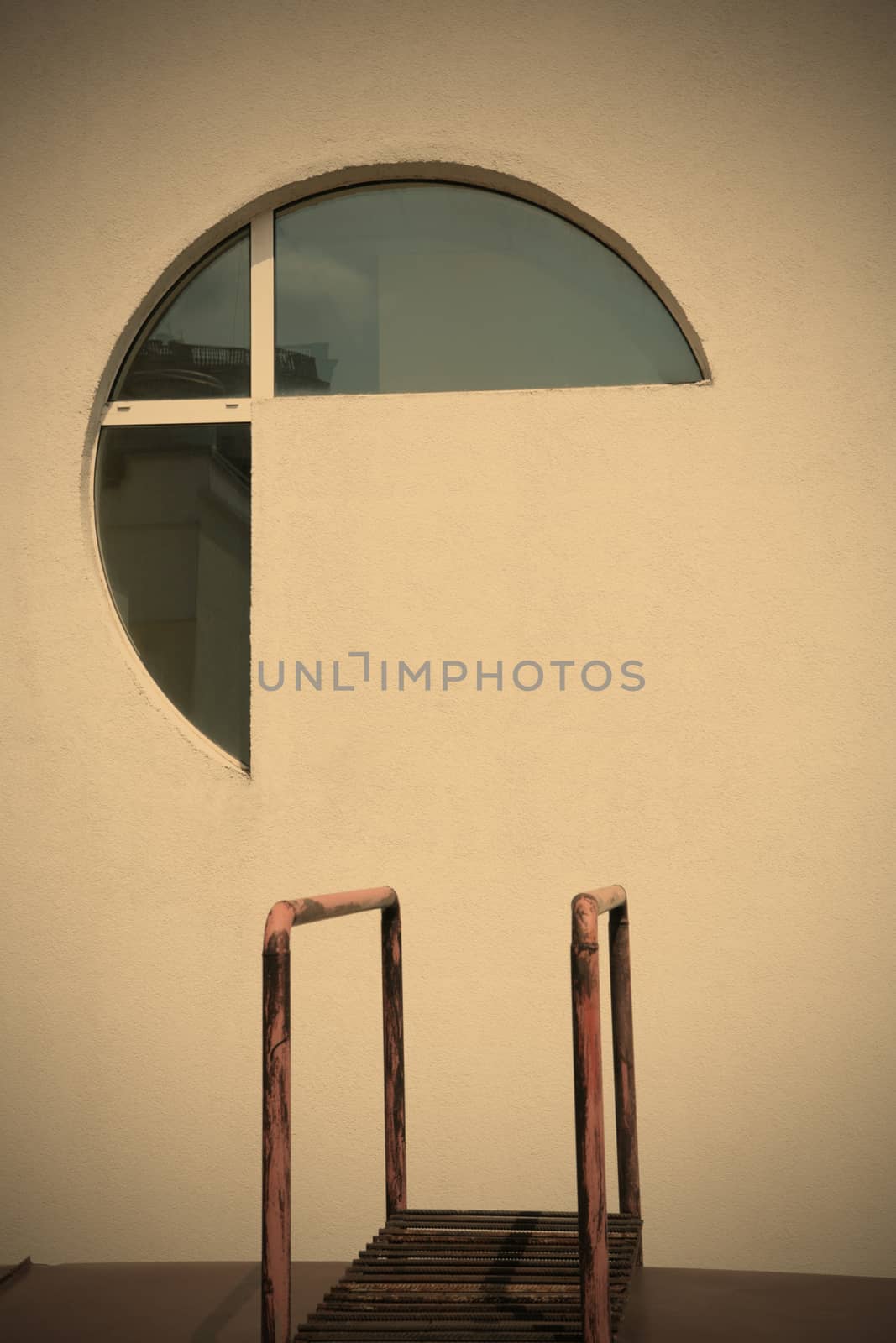 abstraction, architectral fragments of the modern building, futuristic window in concrete wall and metallic banisters, instagram image style