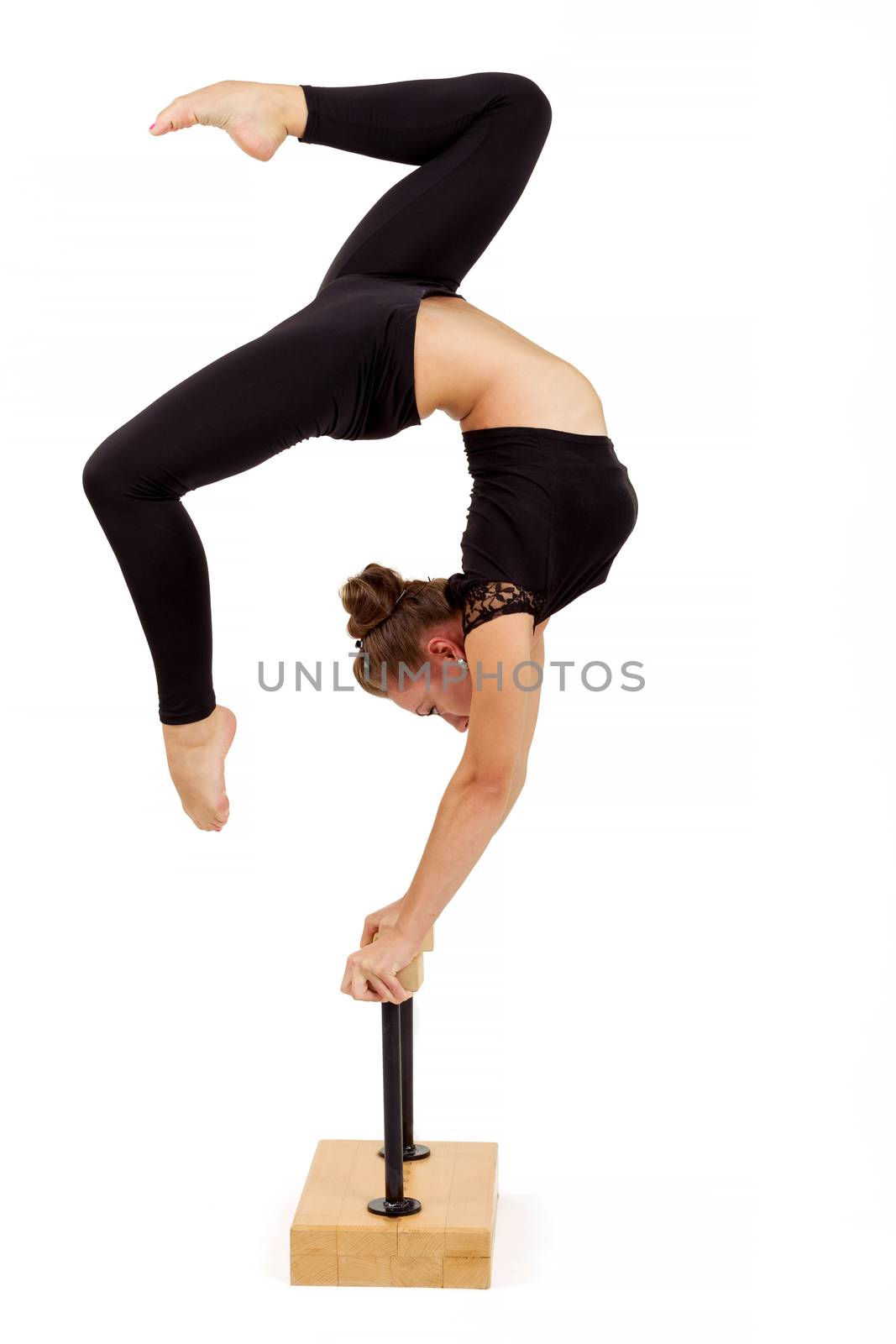 beauty contortionist practicing gymnastic yoga isolated on white background, Young professional gymnast woman