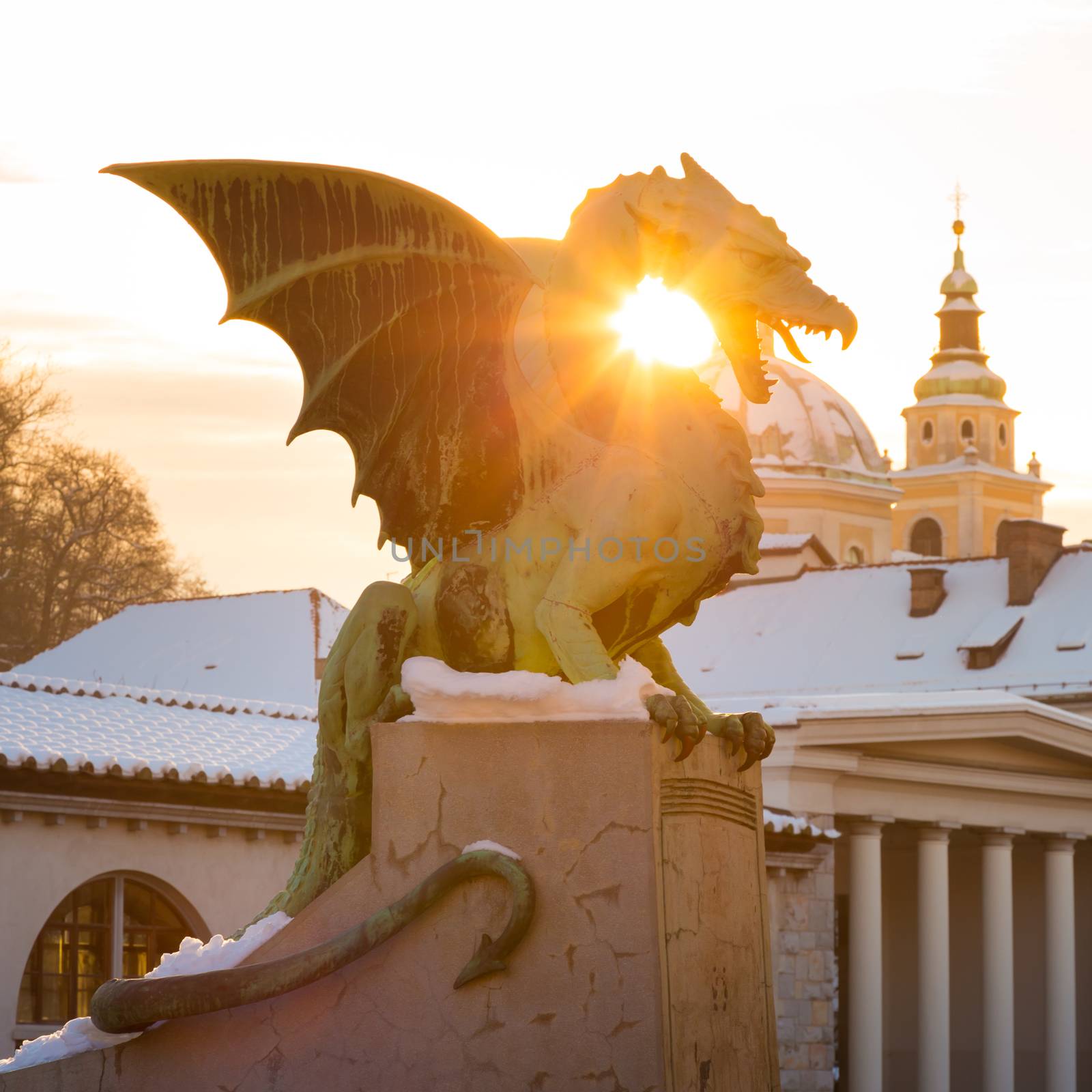 Famous Dragon bridge or Zmajski most, symbol of Ljubljana, capital of Slovenia, Europe.