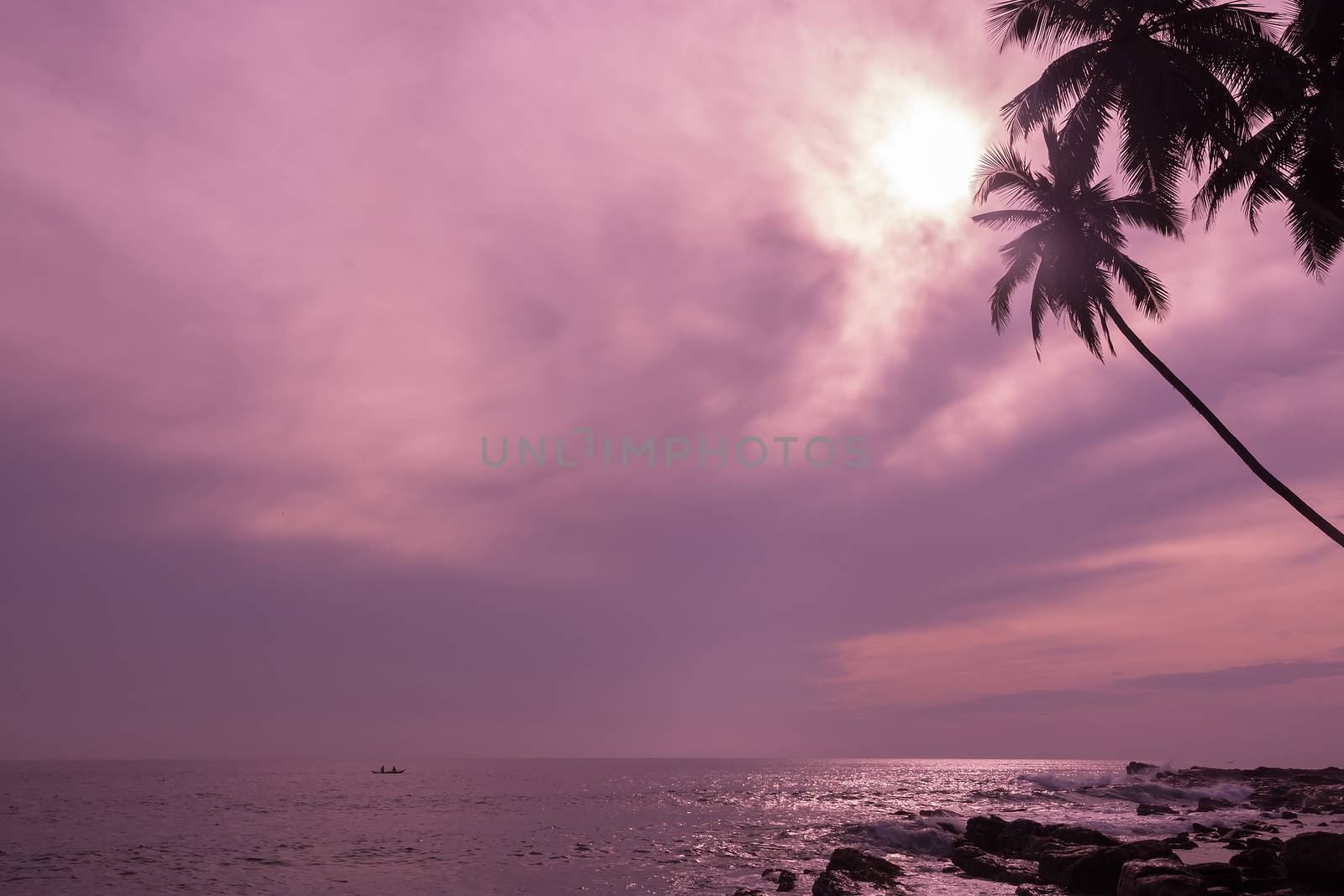 Small fishing boat in tropical ocean landscape with horizon and coconut palms in violet pink color filter.