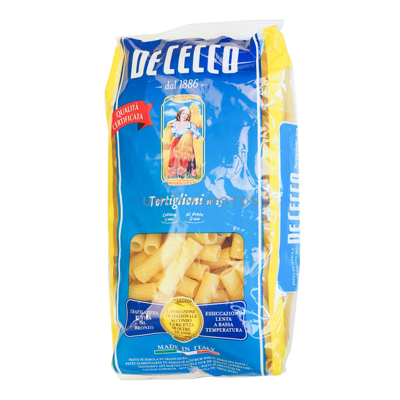 CHIETI, ITALY - DECEMBER 15, 2014: De Cecco tortiglioni pasta