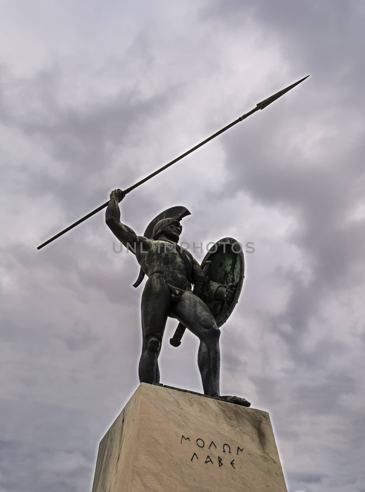 Leonidas monument at cloudy sky, Thermopylae, Greece 