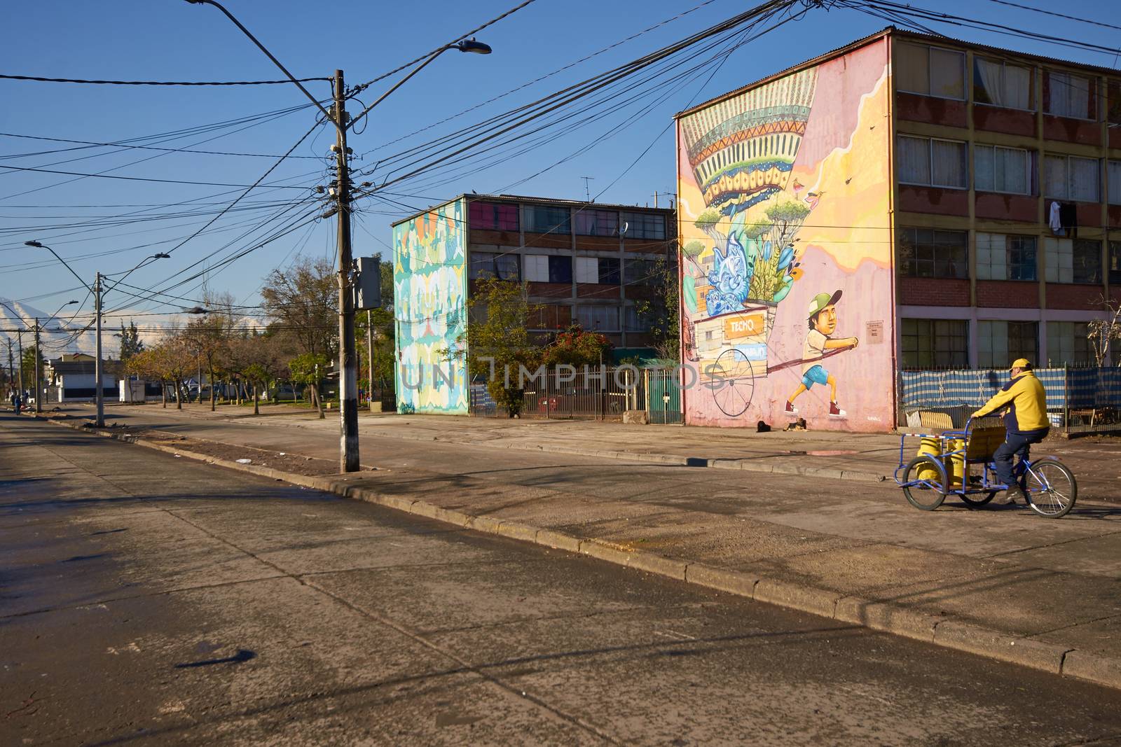 Colourful murals adorning the walls of tenement blocks in the San Miguel area of Santiago, capital of Chile. The area was created as an open air museum in what was a run down area of the city.