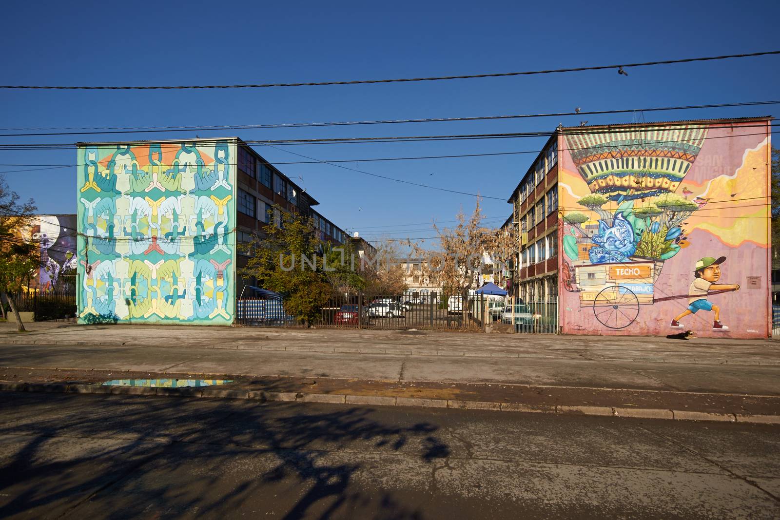 Colourful murals adorning the walls of tenement blocks in the San Miguel area of Santiago, capital of Chile. The area was created as an open air museum in what was a run down area of the city.