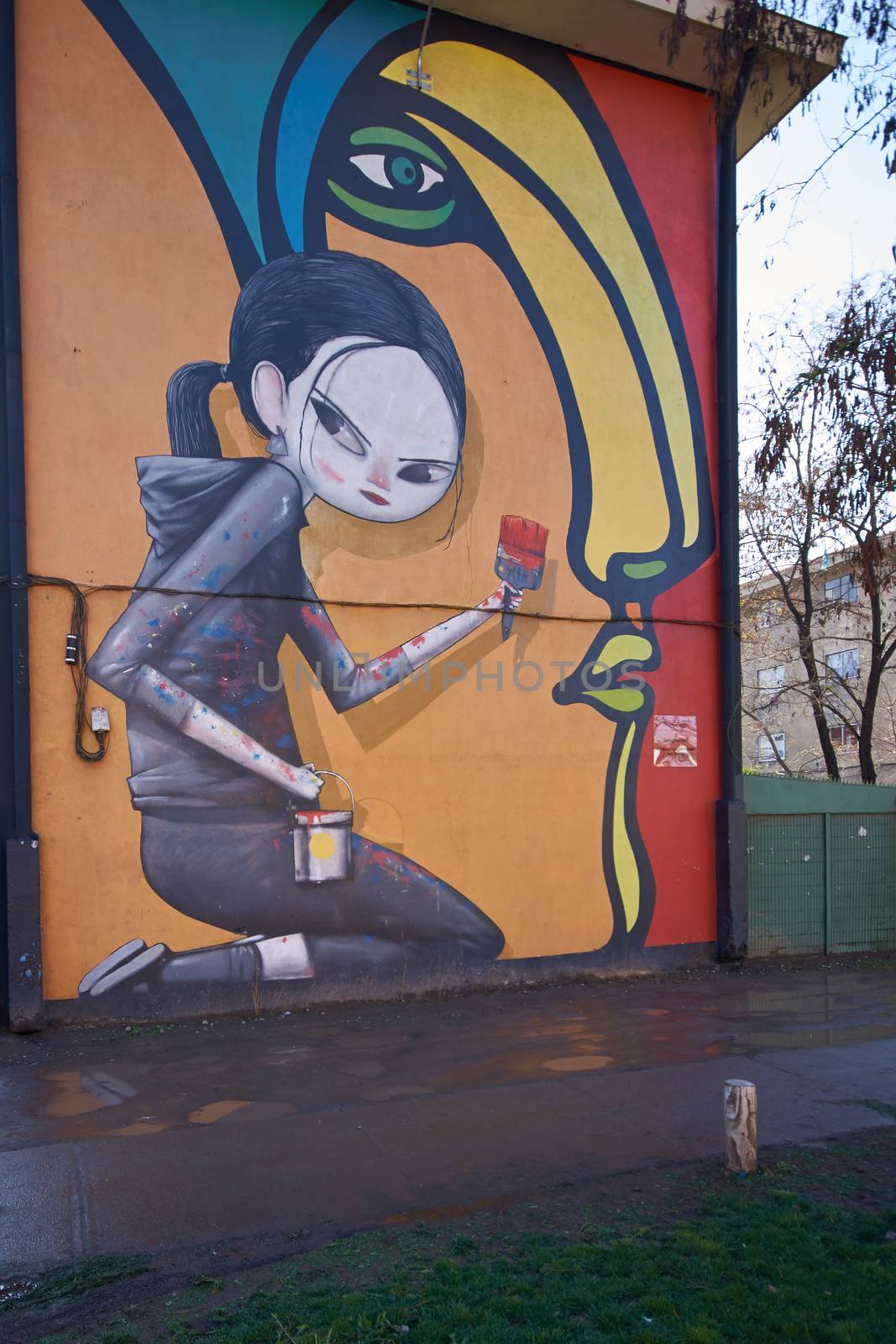 Colourful murals adorning the walls of tenement blocks in the San Miguel area of Santiago, capital of Chile. The area was created as an open air museum in what was a run down area of the city.