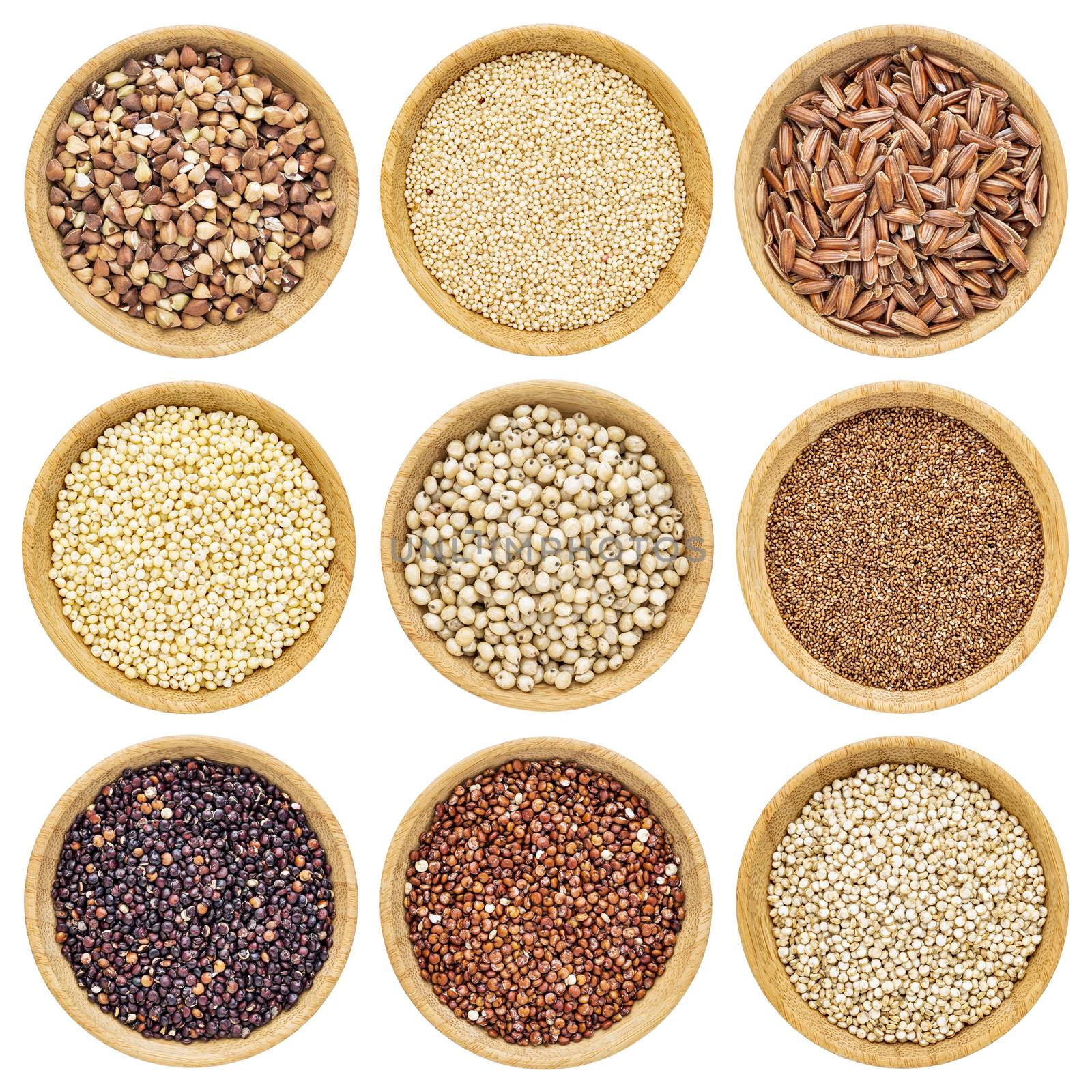 gluten free grains  - buckwheat, amaranth, brown rice, millet, sorghum, teff, black, red and white quinoa - isolated wooden bowls