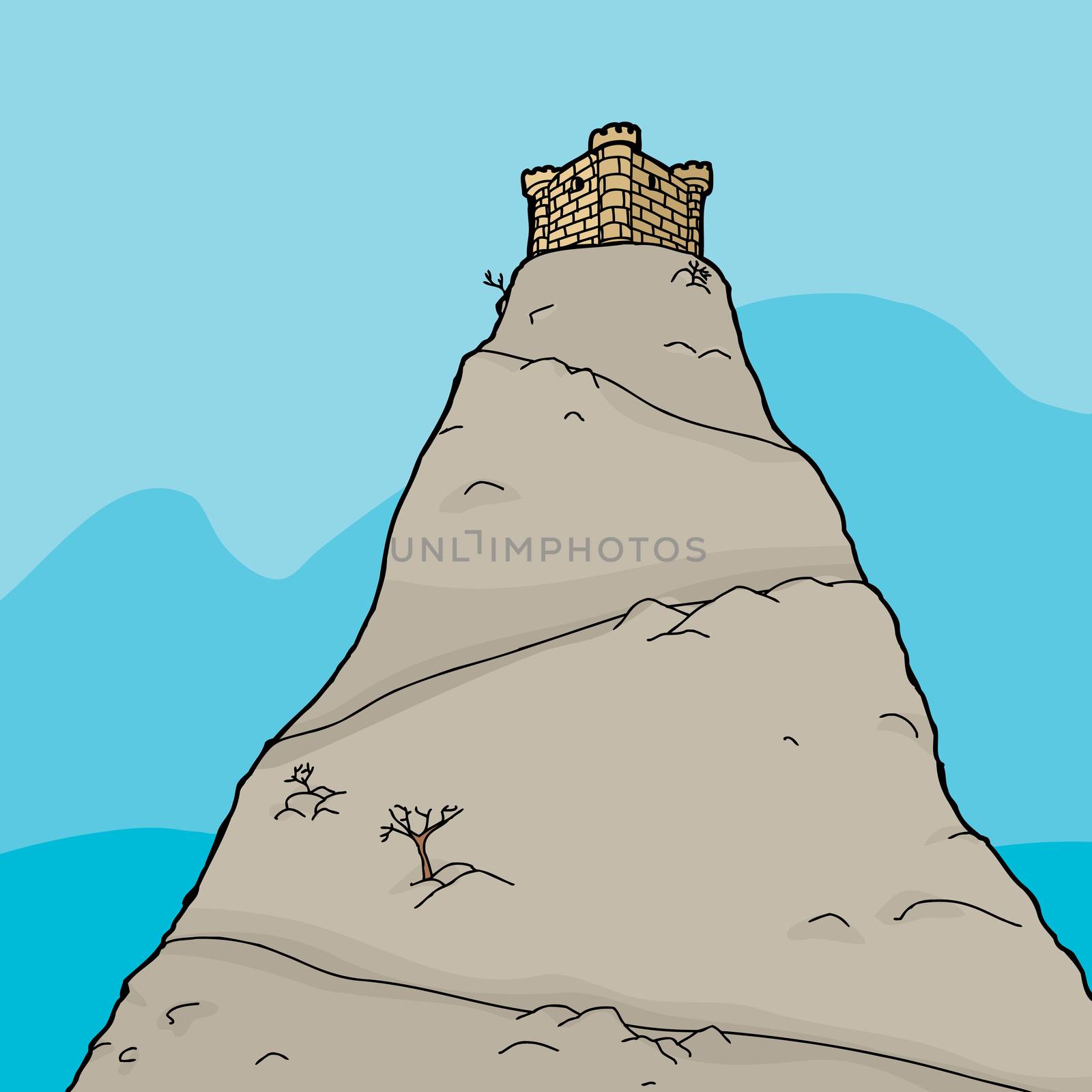 Cartoon of single castle on top of tall mountain