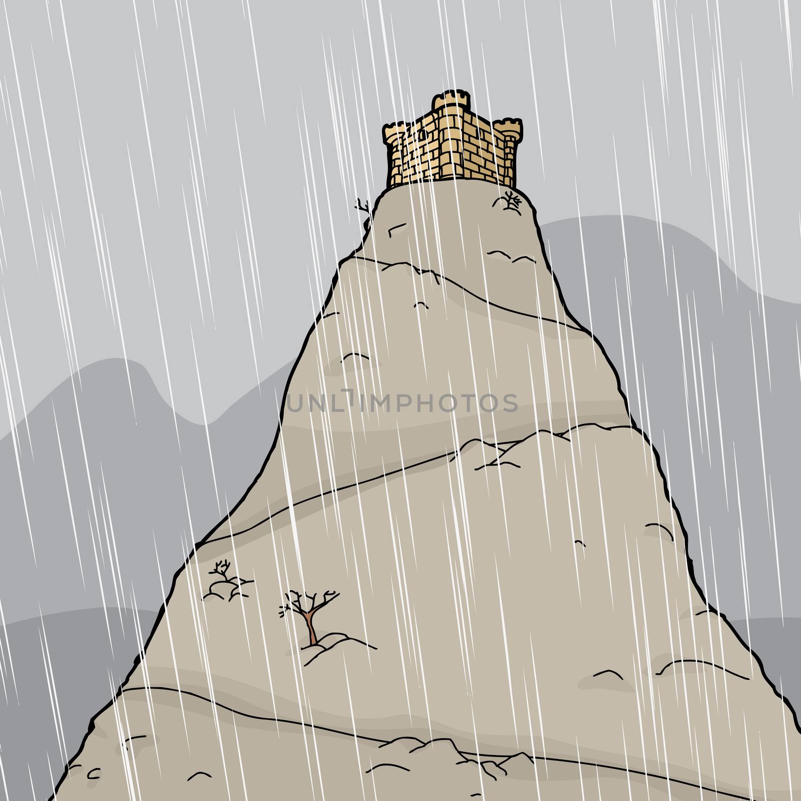 Cartoon castle on mountain summit in thunderstorm