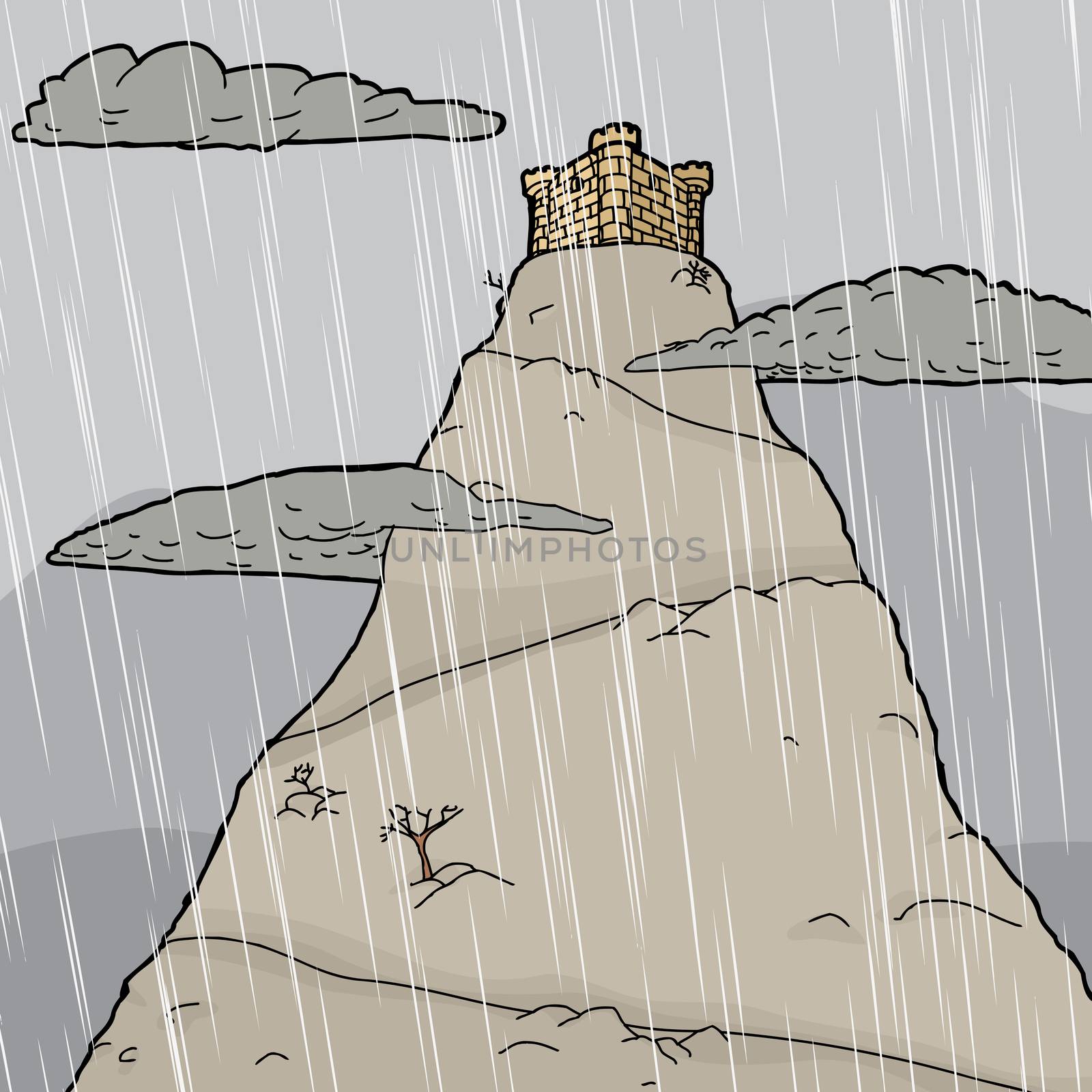 Single castle on mountain summit in rain storm