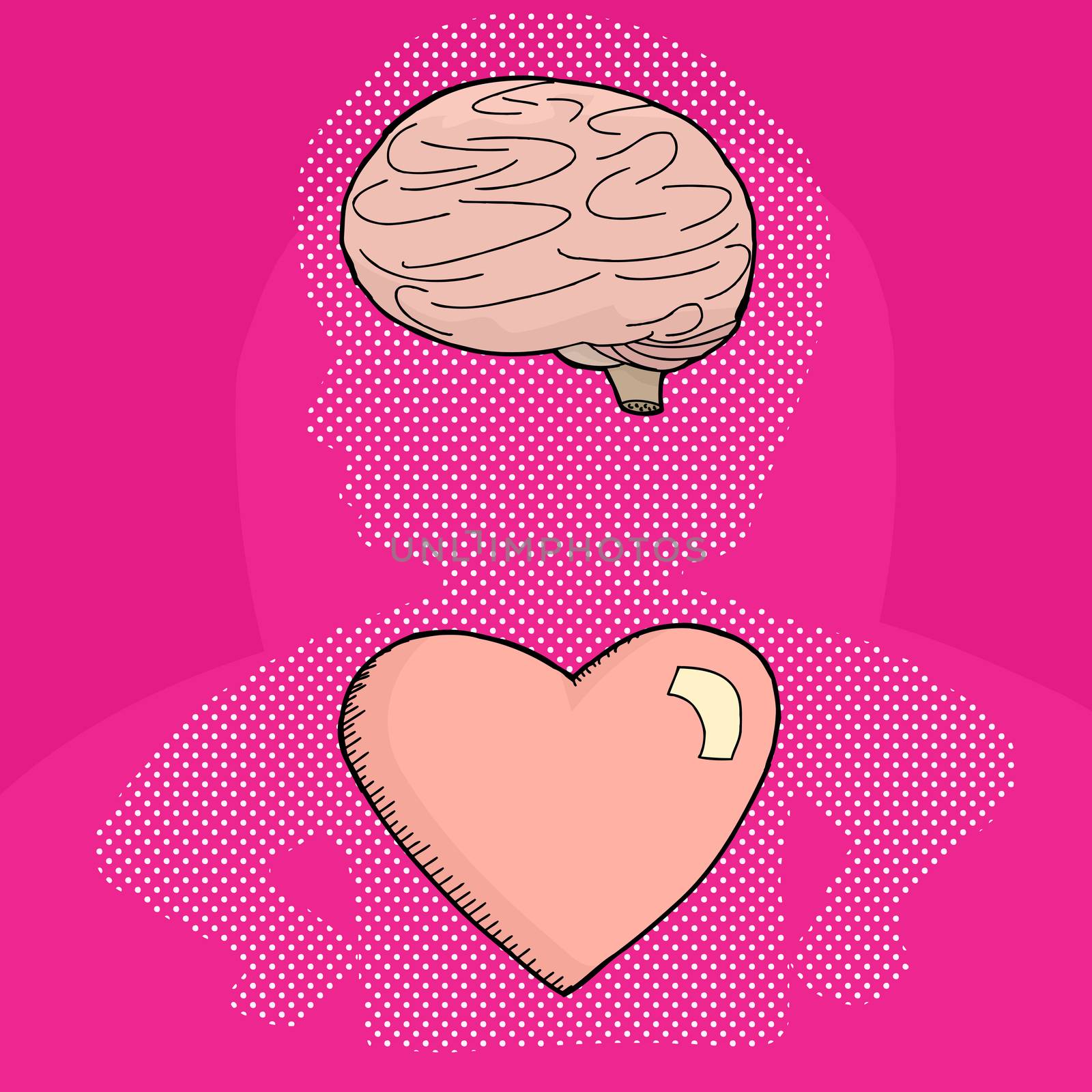 Symbol of person with brain and heart over pink background