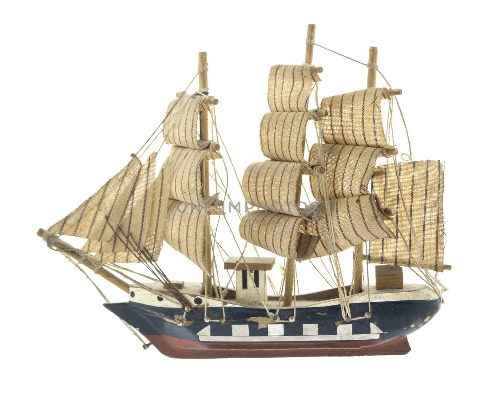 Frigate ship toy model isolated over the white background