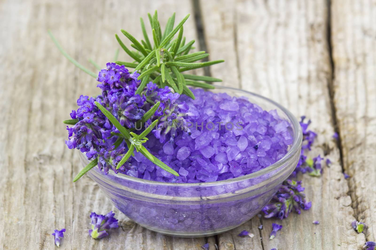 bath salt, lavender flowers and rosemary