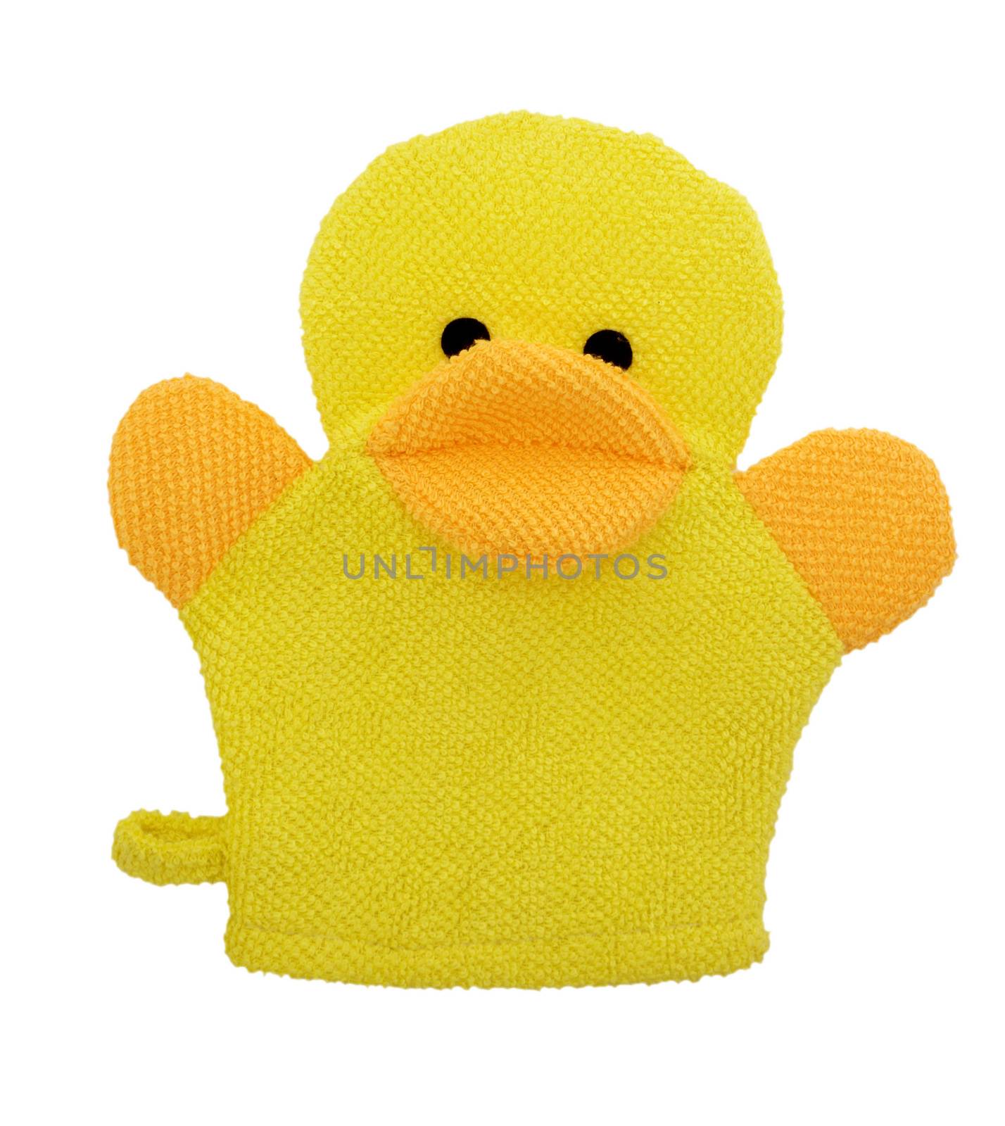 Yellow duck baby shower sponge, Bath object white background