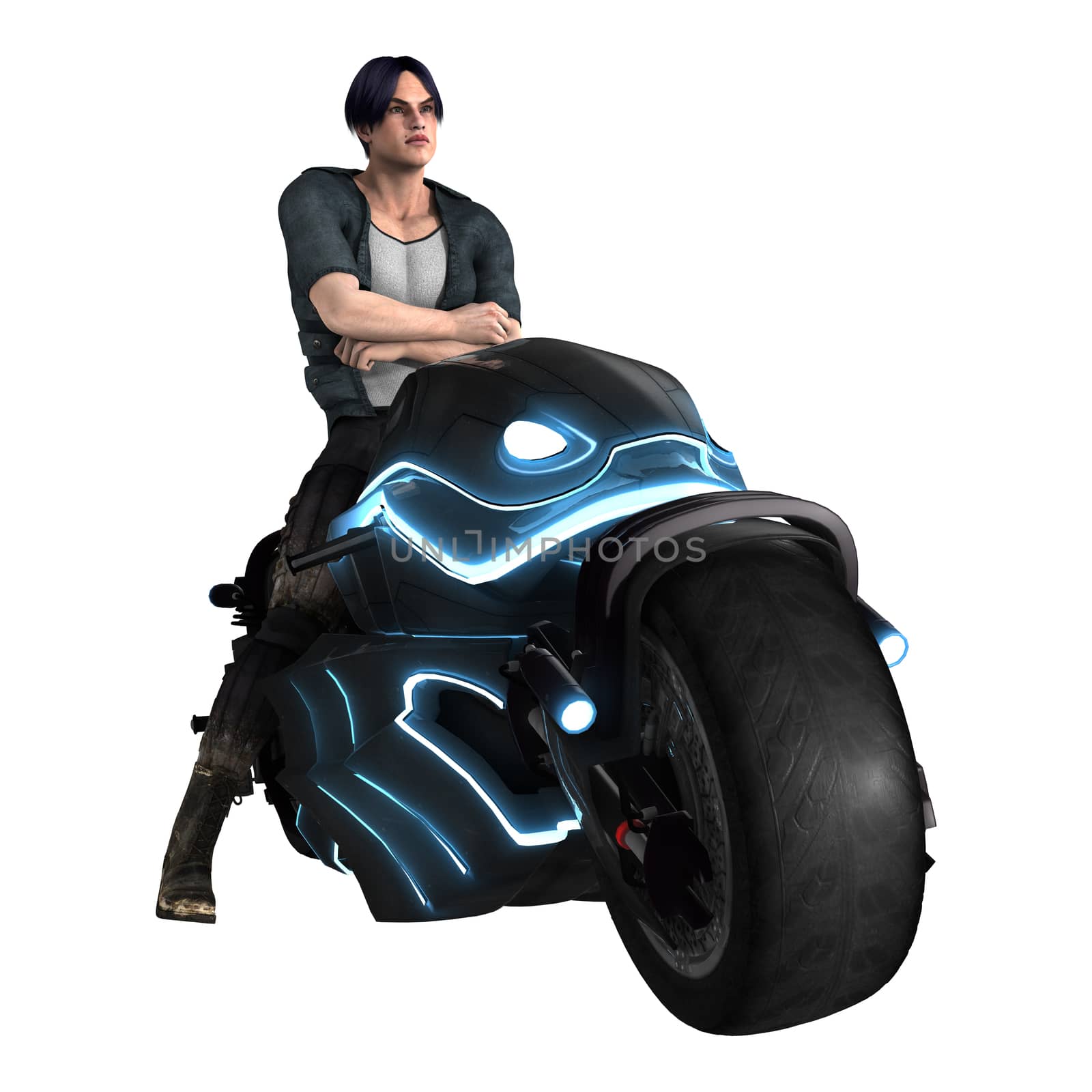 3D digital render of a handsome young man waiting on the motorcycle isolated on white background