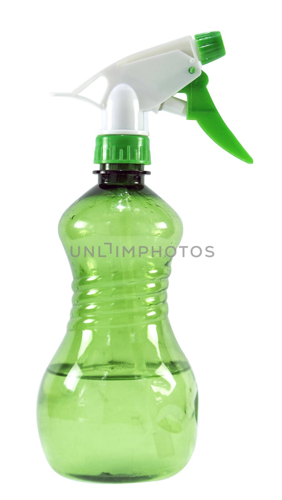 Green plastic spray bottle isolated on white background