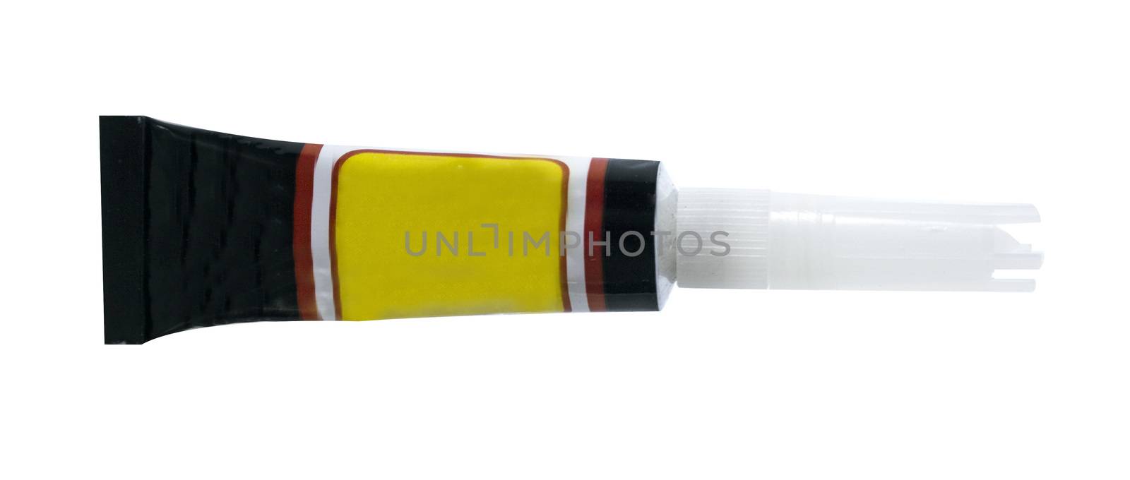 Metal tube of instant super glue isolated on white