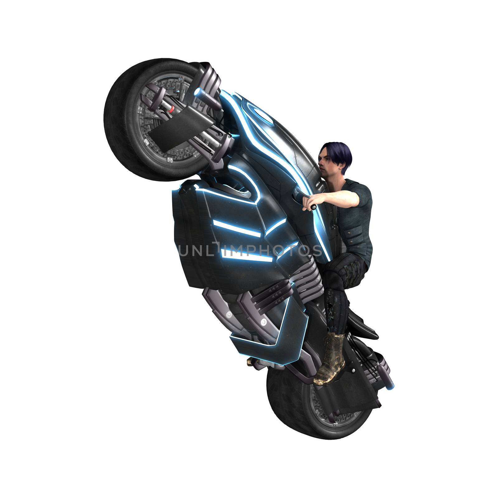 3D digital render of a handsome young man riding a motorcycle isolated on white background