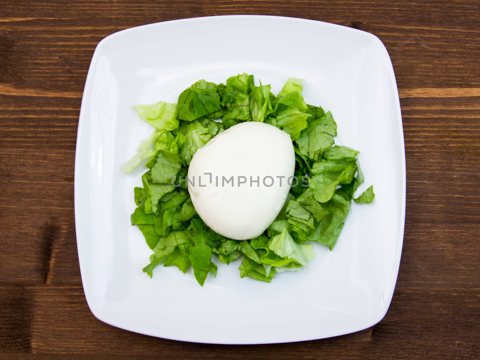 Mozzarella with salad on wooden table top view