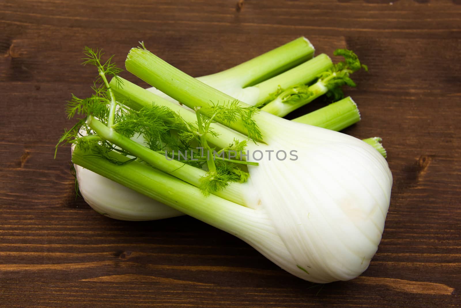 Fennel on wooden table seen from above