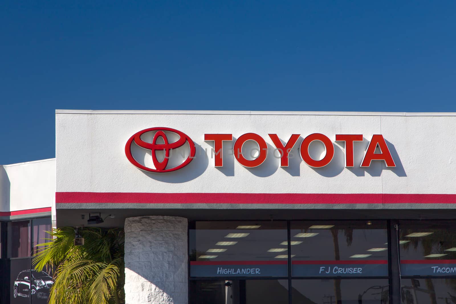 CULVER CITY, CA/USA - NOVEMBER 29, 2014: Toyota automobile dealership sign. Toyota is a multi-national Japanese automotive manufacturer.