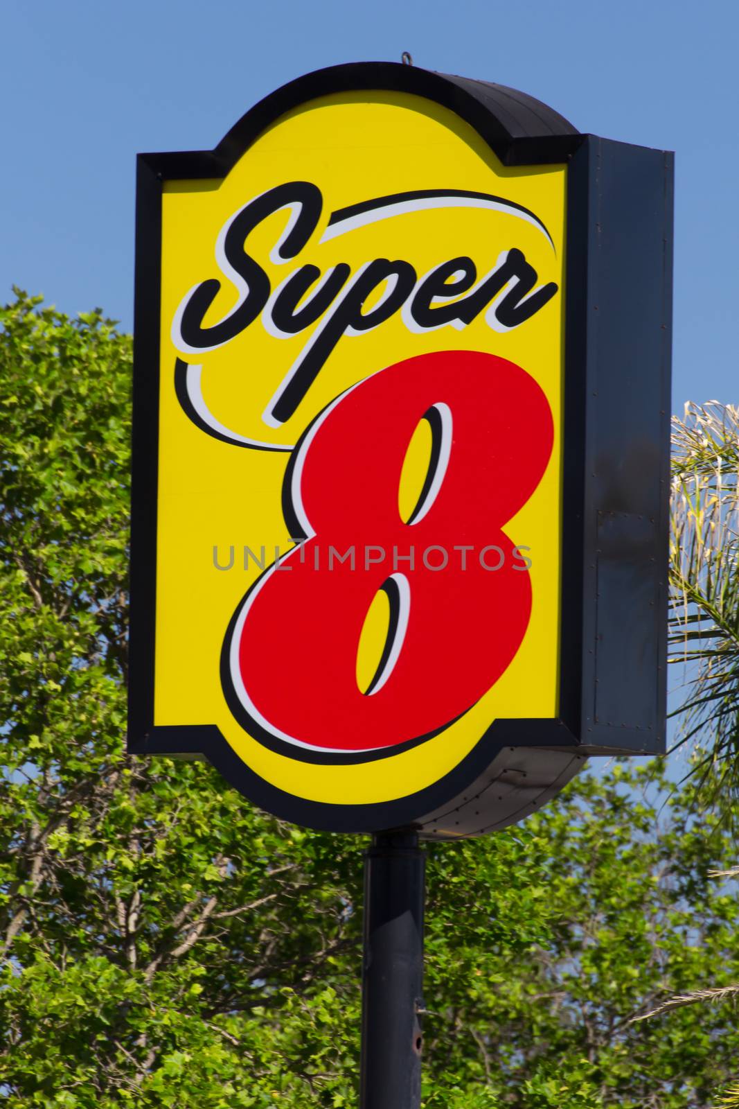GILROY, CA/USA - MAY 26, 2014: Super 8 Motel Sign.  Super 8 Motels is the world's largest budget hotel chain, with motels in the United States and Canada, as well as newer properties in China.