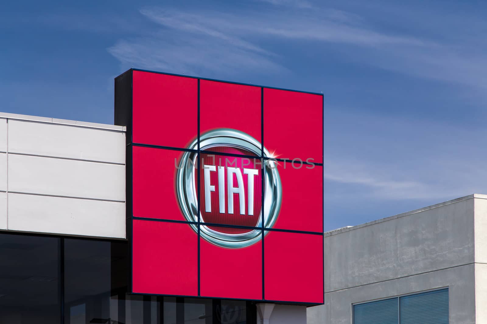 SAN JOSE, CA/USA - MAY 24, 2014: Fiat automobile dealership sign. Fiat is an Italian manufacturer of automobiles and commerical vehicles.