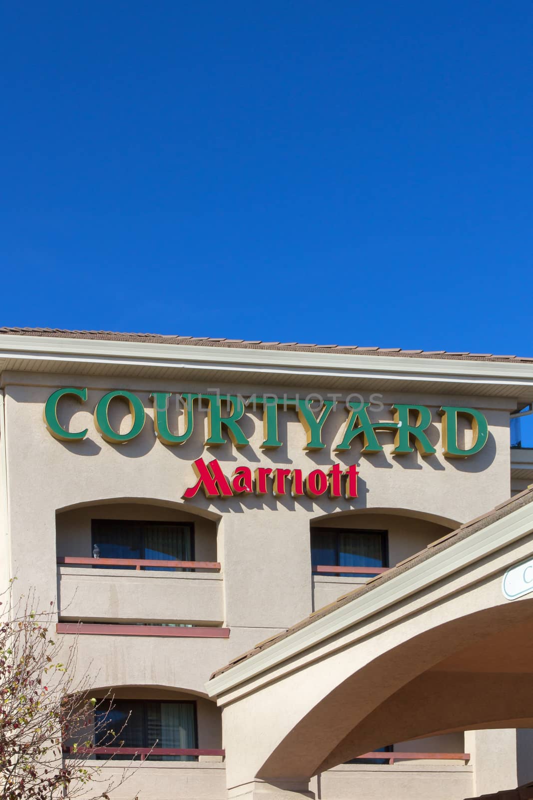 SALINAS, CA/USA - APRIL 23, 2014: Courtyard by Marriot motel exterior. Courtyard by Marriott is a brand of hotels owned by Marriott International designed for business travelers.