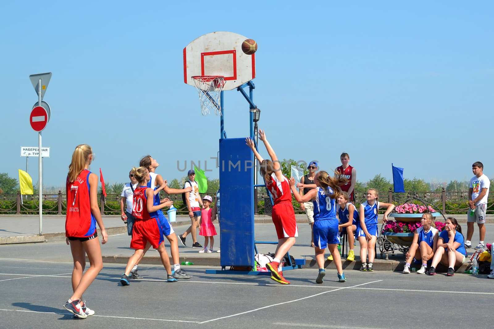 Street basketball among women's teams on the street in Tyumen, Russia