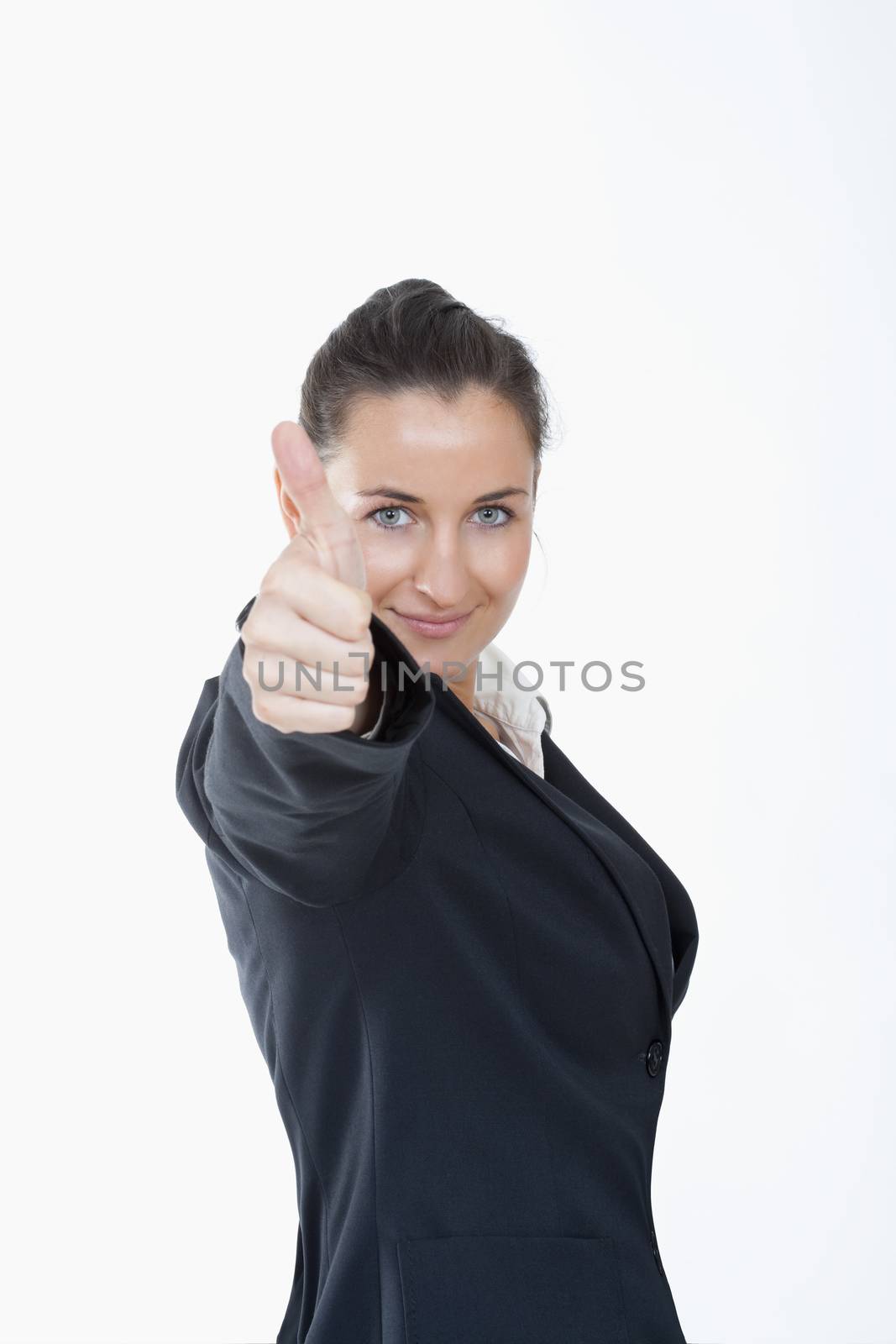 happy businesswoman in black suit showing thumbs up