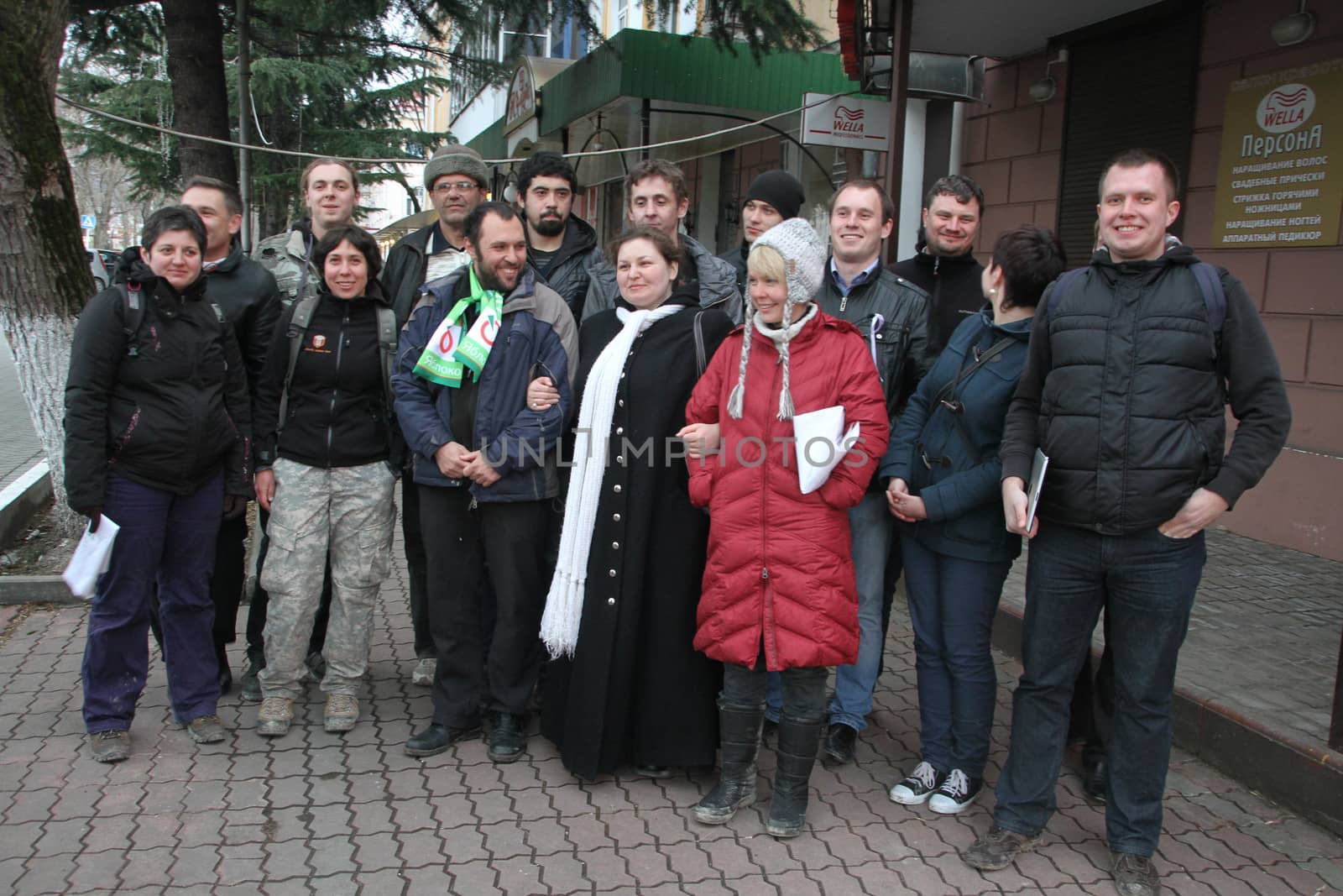 Tuapse, Krasnodar region, Russia - March 23, 2012. Ecologists from Ecological watch across the North Caucasus are photographed after Suren Gazaryan's release from under arrest. On a photo also politicians from Moscow Evgenia Chirikova, Nikolay Lyaskin and Igor Bakirov