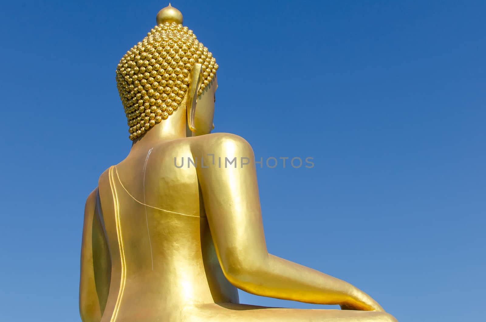 Back side of golden buddha with deep blue sky background