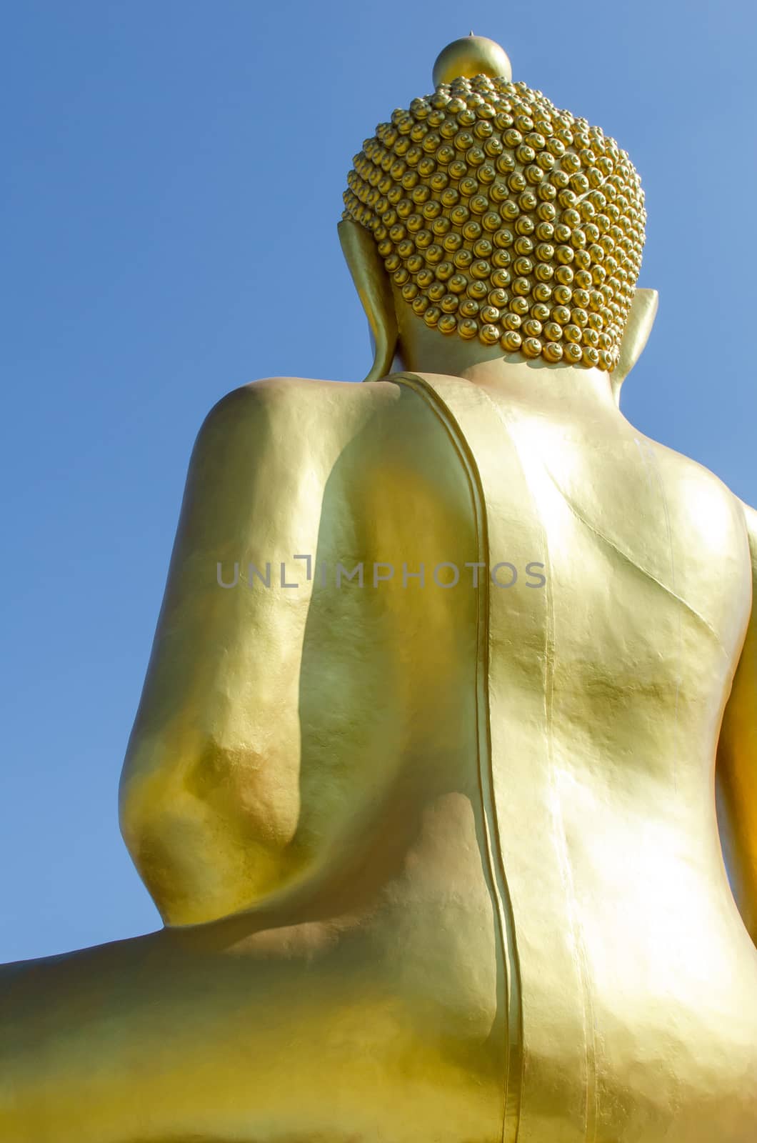 Back side of golden buddha with deep blue sky background