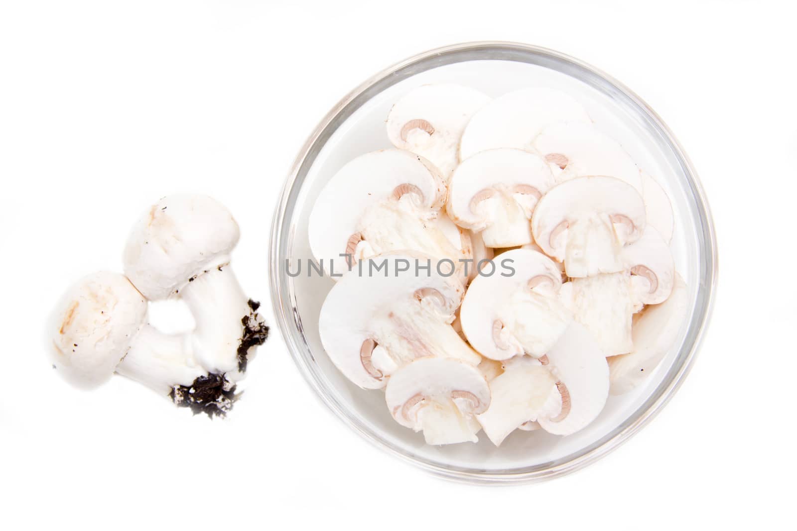 Sliced mushrooms in bowl on white background seen from above