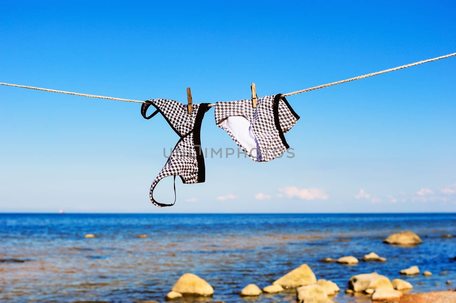 Female swimsuit hanging on a rope on a seashore