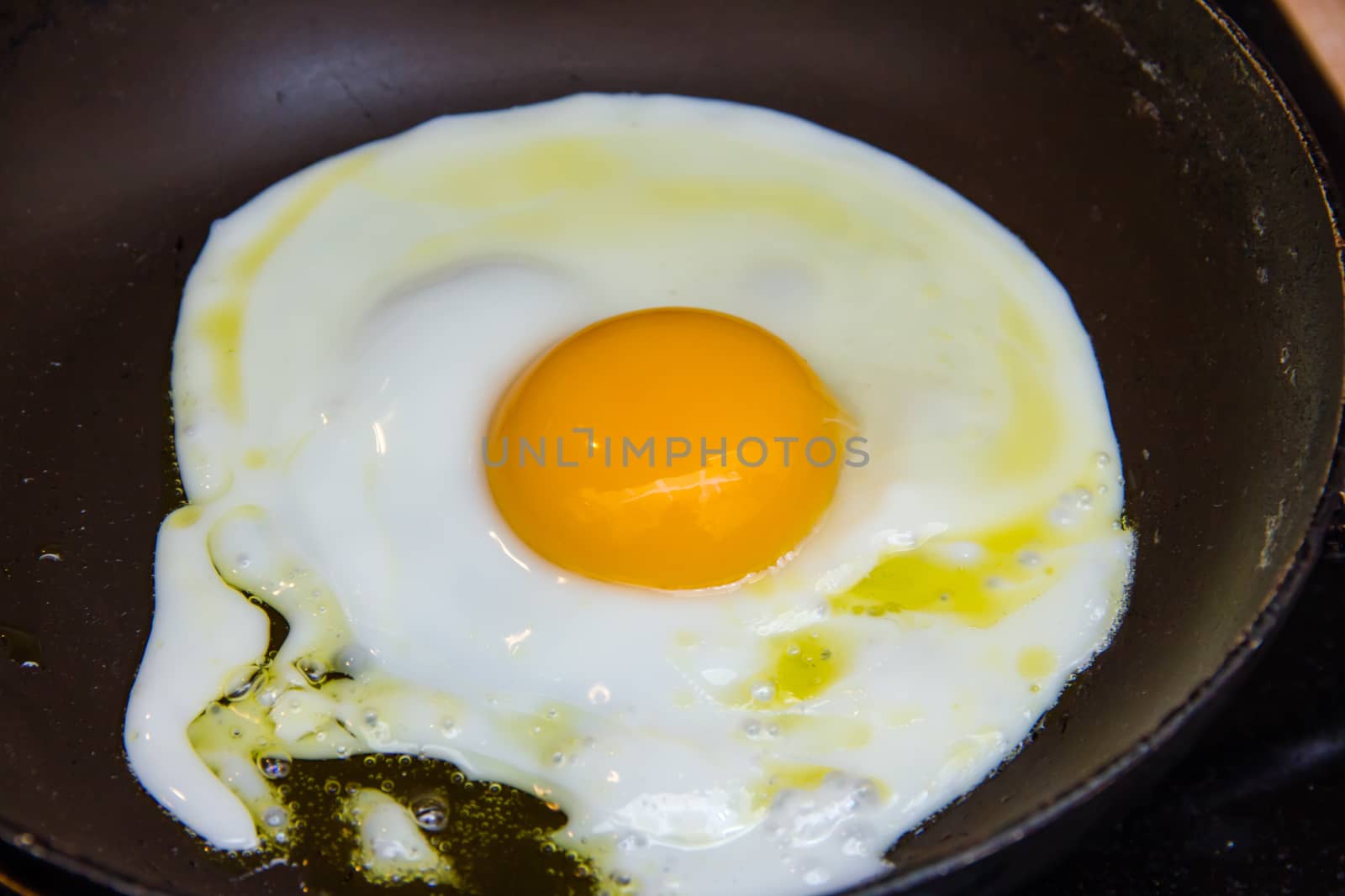 Egg frying in a pan seen close