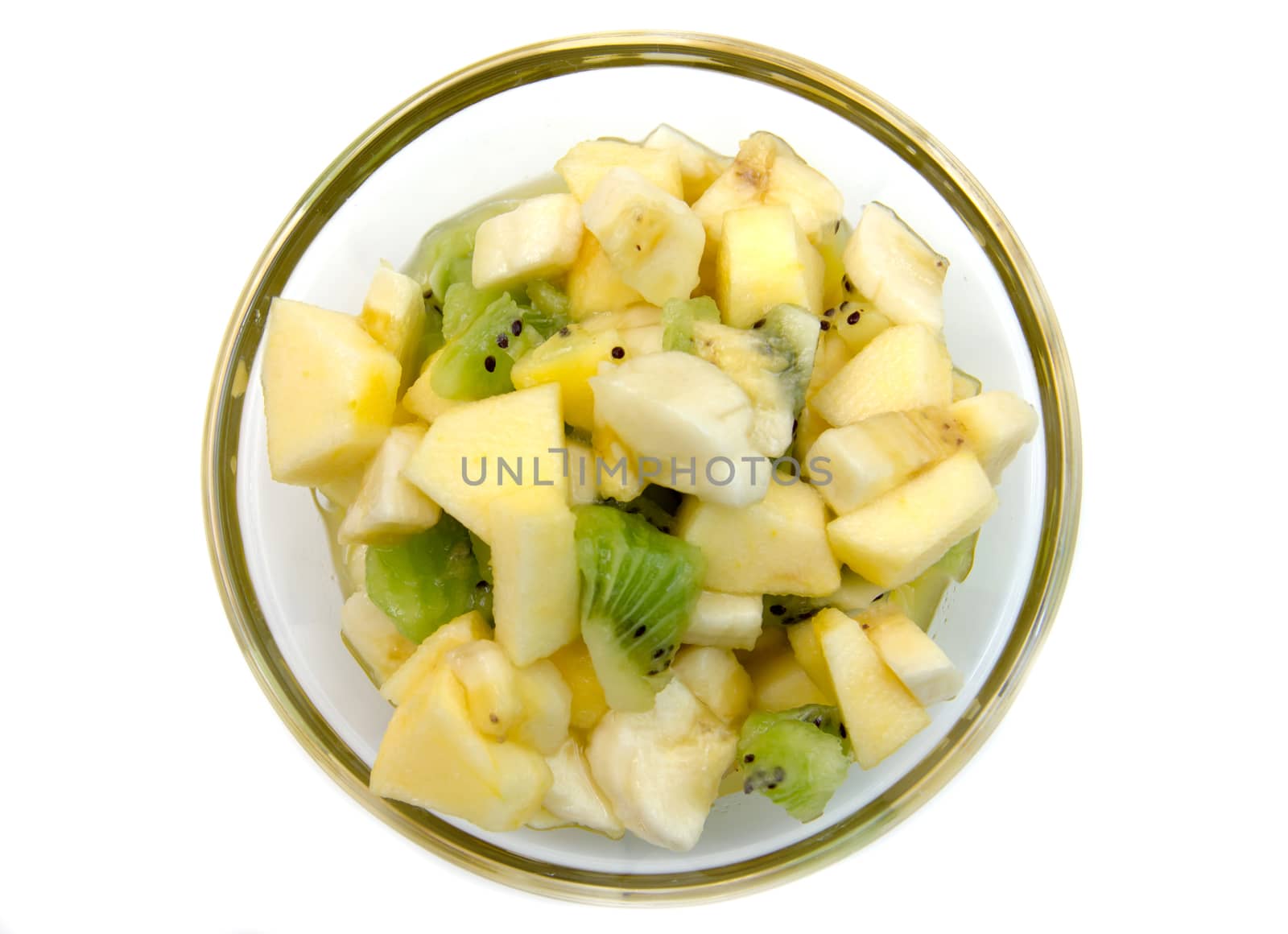 Bowl with fruit salad on white background top view