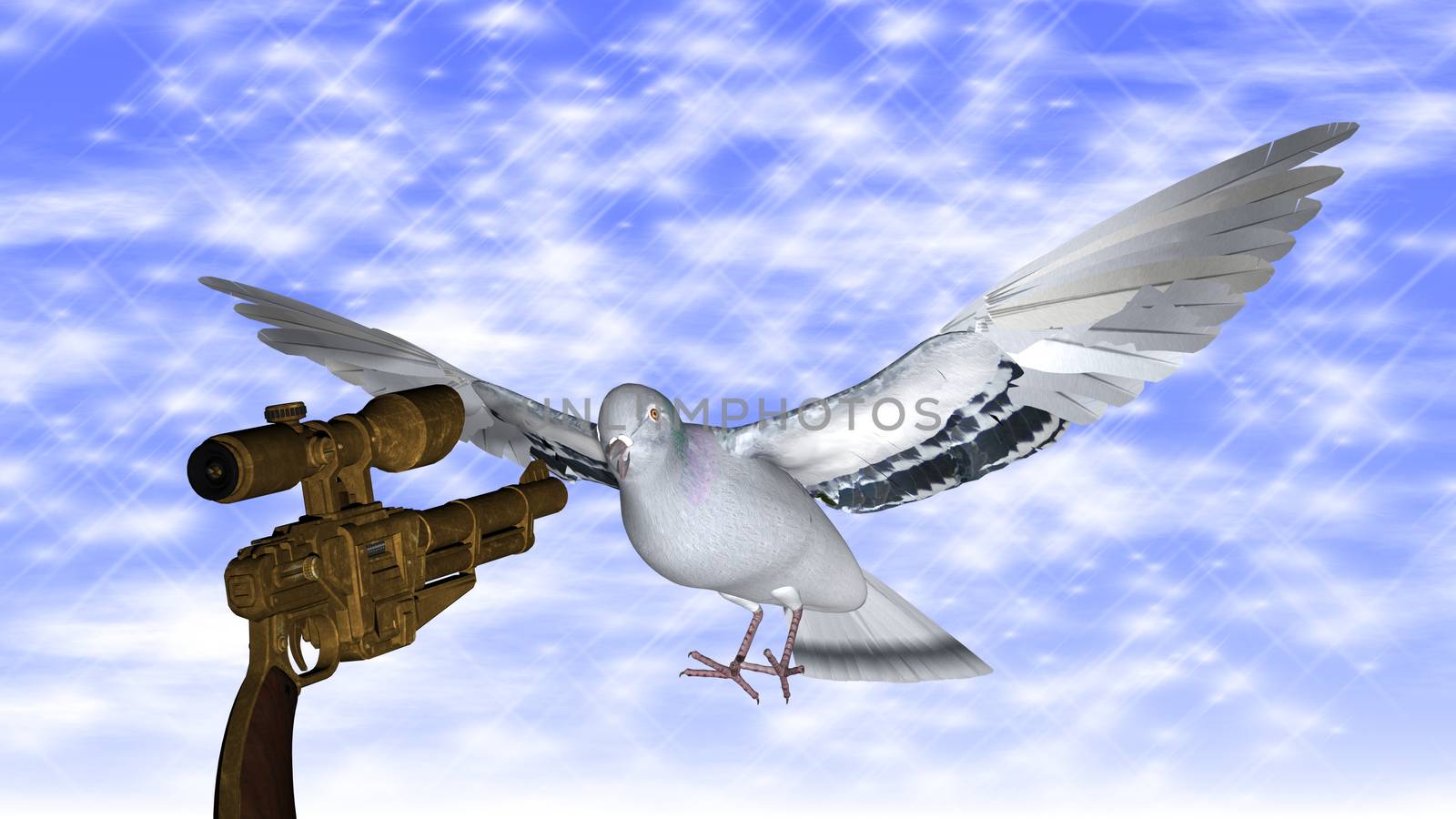 Dove in the air with wings wide against a gun by ankarb