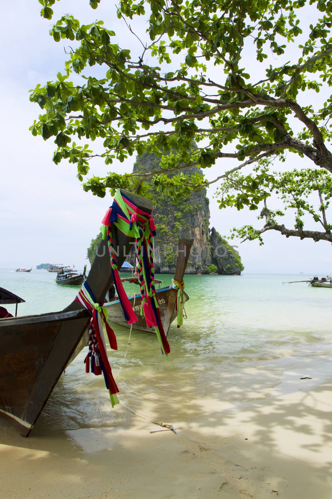 Tropical beach, traditional long tail boats, Andaman Sea, Thailand