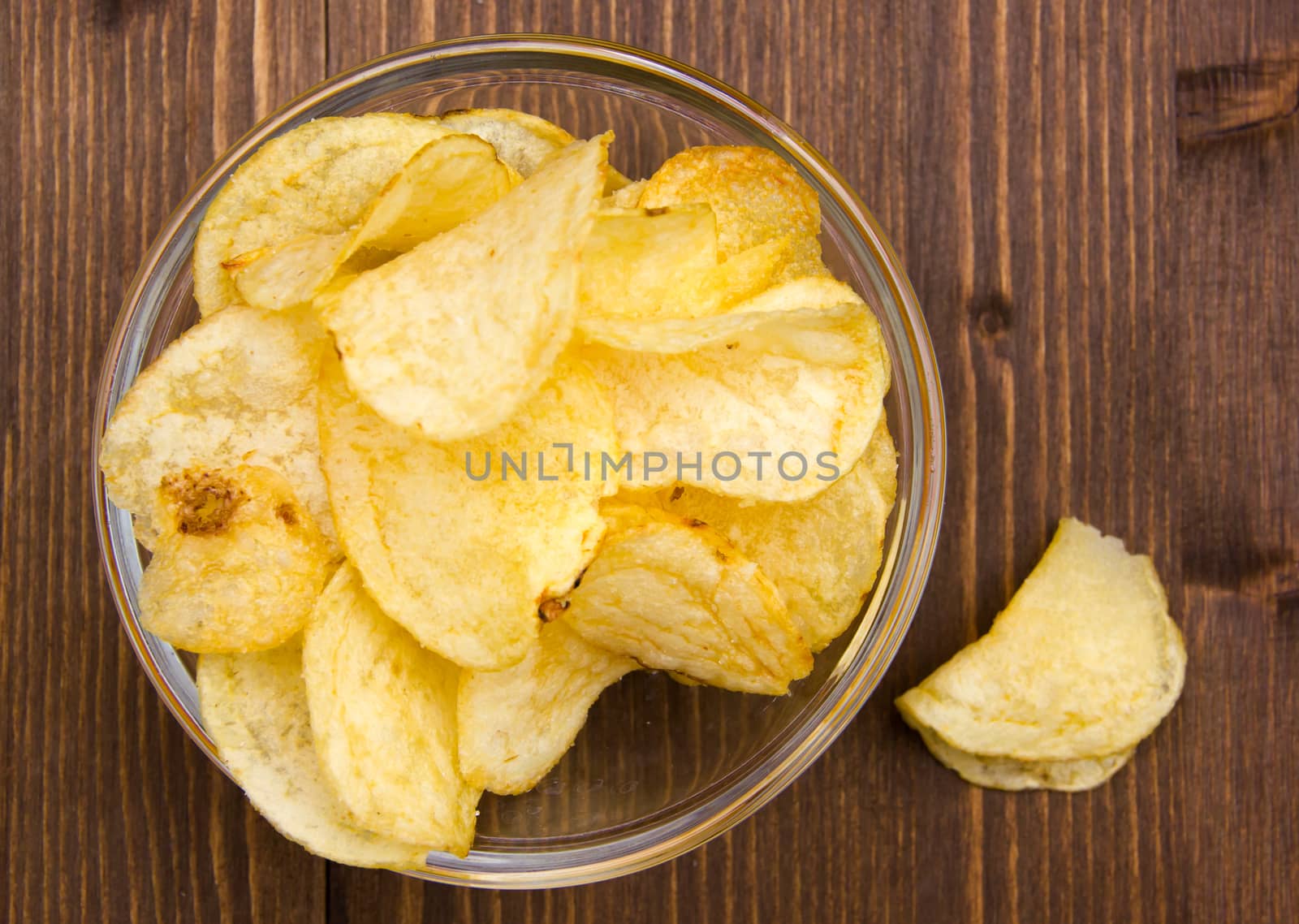 Bowl of chips on wooden table top view