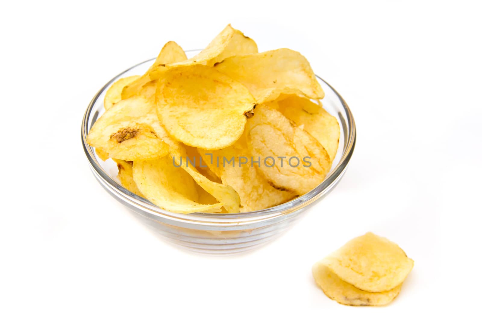 Bowl with potato chips on white background