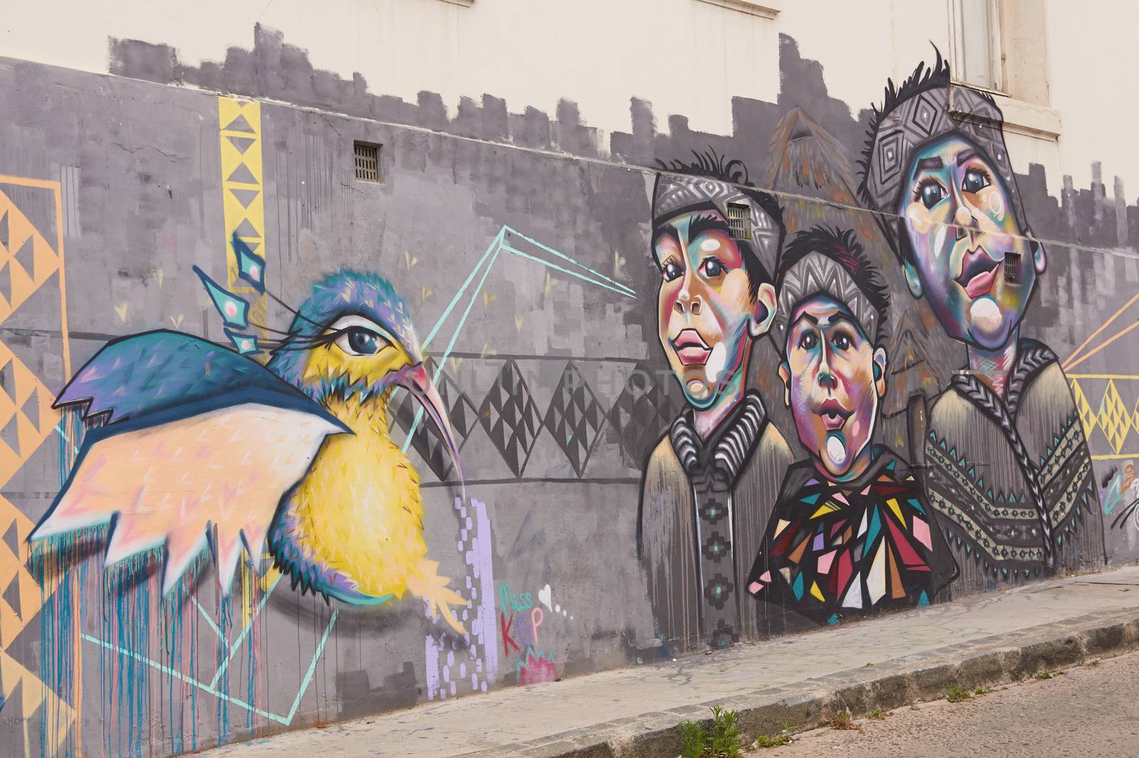 Colourful murals decorating buildings in the coastal city of Valparaiso in Chile. Graffiti is common in Chilean cities such as Valparaiso and is very much part of the culture and heritage of what is now also a UNESCO World Heritage Site.