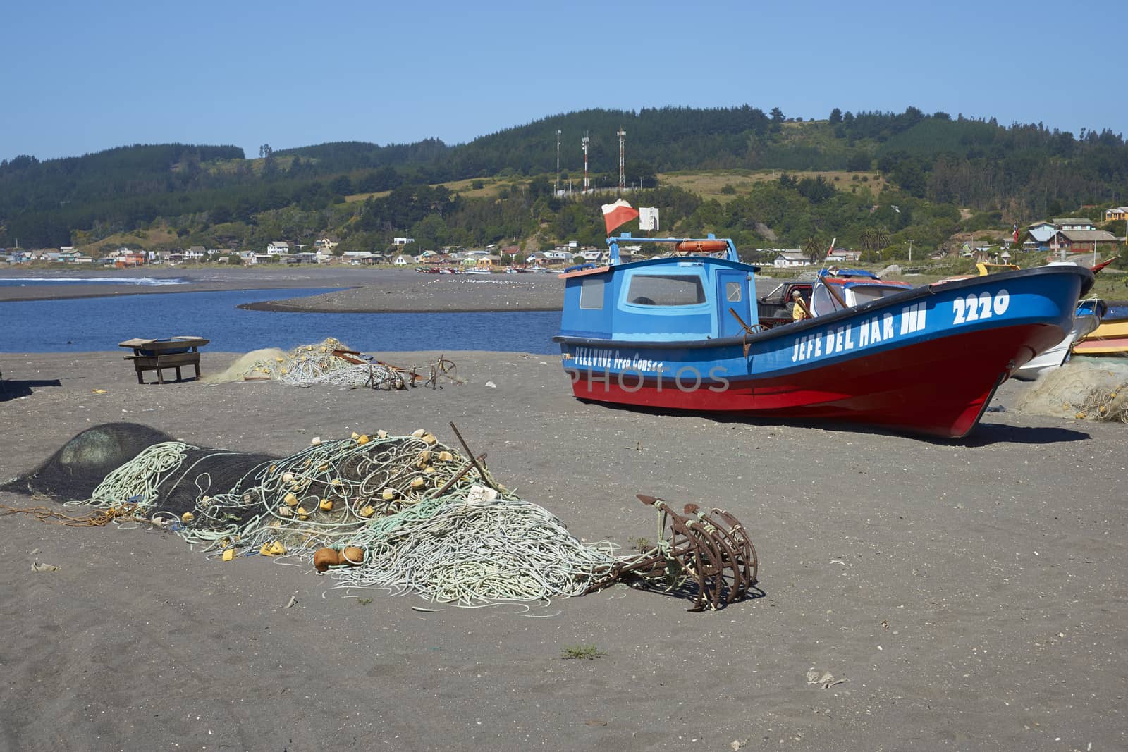 Colourfully painted wooden fishing boats drawn up on the on the beach in the small coastal town of Curanipe in Maule, Chile. The boats are pulled or pushed in and out of the sea using tractors.
